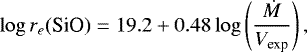 Mathematical equation: \begin{equation*}\log r_{e}\textrm{(SiO)} = 19.2 + 0.48 \log \left(\frac{\dot{M}}{V_{\textrm{exp}}}\right), \end{equation*}