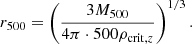 Mathematical equation: $$ \begin{aligned} r_{500} = \left( \frac{3 M_{500}}{4 \pi \cdot 500 \rho _{\mathrm{crit},z}} \right)^{1/3}. \end{aligned} $$