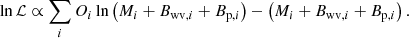 Mathematical equation: $$ \begin{aligned} \ln \mathcal{L} \propto \sum _{i} O_{i} \ln \left( M_{i} + B_{\mathrm{wv},i} + B_{\mathrm{p},i} \right) - \left(M_{i}+ B_{\mathrm{wv},i} + B_{\mathrm{p},i} \right). \end{aligned} $$