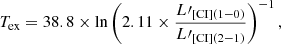 Mathematical equation: $$ \begin{aligned} T_{\mathrm{ex} }=38.8\times \mathrm{ln} \left(2.11\times \frac{L\prime _{\mathrm{[CI]} (1-0)}}{L\prime _{\mathrm{[CI]} (2-1)}}\right)^{-1}, \end{aligned} $$