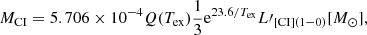 Mathematical equation: $$ \begin{aligned} M_{\mathrm{CI} }=5.706\times 10^{-4}Q(T_{\mathrm{ex} }) \frac{1}{3}\mathrm{e} ^{23.6/T_{\mathrm{ex} }}L\prime _{\mathrm{[CI]} (1-0)}[{M}_\odot ], \end{aligned} $$