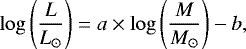 Mathematical equation: \begin{equation*}\mathrm{log} \left(\frac{L}{L_{\odot}} \right) = a \times \mathrm{log} \left( \frac{M}{M_{\odot}} \right) - b , \end{equation*}