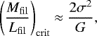 Mathematical equation: \begin{equation*} \left(\frac{M_{\mathrm{fil}}}{L_{\mathrm{fil}}}\right)_{\mathrm{crit}} \approx \frac{2\sigma^2}{G}, \end{equation*}