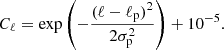 Mathematical equation: $$ \begin{aligned} C_{\ell } = \exp \left(-\frac{(\ell -\ell _{\rm p})^2}{2\sigma _{\rm p}^2}\right)+10^{-5}. \end{aligned} $$
