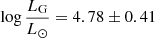 Mathematical equation: $ \log\frac{L_{\mathrm{G}}}{L_{\odot}}=4.78\pm0.41 $