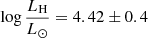 Mathematical equation: $ \log\frac{L_{\mathrm{H}}}{L_{\odot}}=4.42\pm0.4 $
