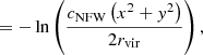 Mathematical equation: $$ \begin{aligned} &= -\ln \left(\frac{c_\mathrm{NFW} \left(x^2 + { y}^2\right)}{2r_\mathrm{vir} }\right), \end{aligned} $$