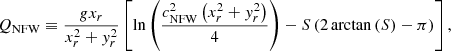 Mathematical equation: $$ \begin{aligned} Q_{\mathrm{NFW} }\equiv \frac{gx_r}{x_r^{2}+{ y}_r^{2}} \left[ \ln \left(\frac{c_\mathrm{NFW} ^{2}\left(x_r^{2}+{ y}_r^{2}\right)}{4}\right) -S\left(2\arctan \left(S\right) - \pi \right) \right], \end{aligned} $$
