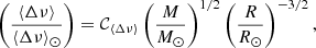 Mathematical equation: $$ \begin{aligned} \left( \frac{\langle \Delta \nu \rangle }{\langle \Delta \nu \rangle _{\odot }} \right)&= \mathcal{C} _{\langle \Delta \nu \rangle }\left(\frac{M}{M_{\odot }} \right)^{1/2} \left(\frac{R}{R_{\odot }} \right)^{-3/2}, \end{aligned} $$
