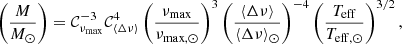Mathematical equation: $$ \begin{aligned} \left( \frac{M}{M_{\odot }} \right)&= \mathcal{C} _{\nu _{\rm max}}^{-3} \mathcal{C} _{\langle \Delta \nu \rangle }^4 \left(\frac{\nu _{\rm max}}{\nu _{\rm max, \odot }} \right)^3 \left(\frac{\langle \Delta \nu \rangle }{\langle \Delta \nu \rangle _{\odot }} \right)^{-4} \left(\frac{T_{\rm eff}}{T_{\rm eff,\odot }} \right)^{3/2}, \end{aligned} $$