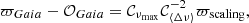 Mathematical equation: $$ \begin{aligned} \varpi _{ Gaia} - \mathcal{O} _{ Gaia}= \mathcal{C} _{\nu _{\rm max}}\mathcal{C} _{\langle \Delta \nu \rangle }^{-2} \varpi _{\rm scaling}, \end{aligned} $$