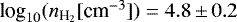 Mathematical equation: $\textrm{log}_{10}({n}_{\textrm{H}_{2}} [\textrm{cm}^{-3}])=4.8\,{\pm}\,0.2$