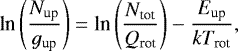 Mathematical equation: \begin{equation*} \textrm{ln}\left(\frac{N_{\textrm{up}}}{g_{\textrm{up}}}\right) = \textrm{ln}\left(\frac{N_{\textrm{tot}}}{Q_{\textrm{rot}}}\right) - \frac{E_{\textrm{up}}}{kT_{\textrm{rot}}}, \end{equation*}