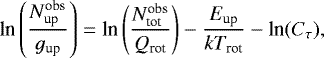 Mathematical equation: \begin{equation*}\textrm{ln}\left(\frac{N_{\textrm{up}}^{\textrm{obs}}}{g_{\textrm{up}}}\right) = \textrm{ln}\left(\frac{N_{\textrm{tot}}^{\textrm{obs}}}{Q_{\textrm{rot}}}\right) - \frac{E_{\textrm{up}}}{kT_{\textrm{rot}}} - \textrm{ln}(C_{\tau}) ,\end{equation*}
