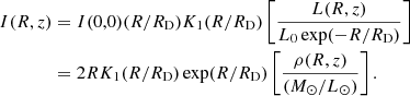 Mathematical equation: $$ \begin{aligned} I(R,z)&= I(0,0)(R/R_{\rm D})K_{1}(R/R_{\rm D})\left[\frac{L(R,z)}{L_{0}\exp (-R/R_{\rm D})}\right] \nonumber \\&= 2RK_{1}(R/R_{\rm D})\exp (R/R_{\rm D})\left[\frac{\rho (R,z)}{(M_{\odot }/L_{\odot })}\right]. \end{aligned} $$