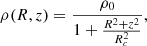 Mathematical equation: $$ \begin{aligned} \rho (R,z) = \frac{\rho _{0}}{1+\frac{R^{2}+z^{2}}{R^{2}_{c}}}, \end{aligned} $$
