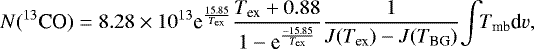 Mathematical equation: \begin{equation*} N(^{13}\textrm{CO})=8.28\times10^{13}\textrm{e}^{\frac{15.85}{T_{\textrm{ex}}}}\frac{T_{\textrm{ex}}+0.88}{1-\textrm{e}^{\frac{-15.85}{T_{\textrm{ex}}}}}\frac{1}{J(T_{\textrm{ex}})-J(T_{\textrm{BG}})}\!\int\!\! T_{\textrm{mb}}\textrm{d}v ,\end{equation*}