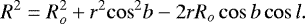 Mathematical equation: \begin{equation*} R^2 =R_o^2 +r^2 {\cos}^2{b} - 2r{R_o}\cos{b} \cos{l} .\end{equation*}
