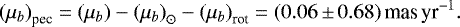 Mathematical equation: \begin{equation*} {(\mu_b)}_{\textrm{pec}} = (\mu_b) - {(\mu_b)}_{\odot} - {(\mu_b)}_{\textrm{rot}} = (0.06\,{\pm}\,0.68) \textrm{\,mas\,yr}^{-1}. \end{equation*}