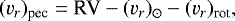Mathematical equation: \begin{equation*} ({v_r})_{\textrm{pec}} = \textrm{RV} - ({v_r})_{\odot} - ({v_r})_{\textrm{rot}} ,\end{equation*}