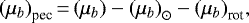 Mathematical equation: \begin{equation*} {(\mu_b)}_{\textrm{pec}}\,{=}\,(\mu_b) - {(\mu_b)}_{\odot} - {(\mu_b)}_{\textrm{rot}} ,\end{equation*}