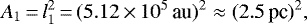 Mathematical equation: \begin{equation*} A_1\,{=}\,l_1^2\,{=}\,(5.12\,{\times}\,10^5 \,\textrm{au})^2 \approx (2.5 \,\textrm{pc})^2, \end{equation*}