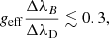 Mathematical equation: $$ \begin{aligned} {{ g}_{\rm eff}}\frac{{\Delta \lambda }_B}{{\Delta \lambda }_{\rm D}} \lesssim 0.3, \end{aligned} $$