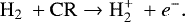 Mathematical equation: \begin{equation*}\mathrm{H}_2 \: + \mathrm{CR} \rightarrow \mathrm{H}_2^+ \: + e^-. \end{equation*}