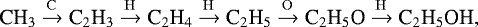 Mathematical equation: \begin{equation*}{{\textrm{CH}_3} \xrightarrow{\rm{C}} {\textrm{C}_2\textrm{H}_3} \xrightarrow{\rm{H}} {\textrm{C}_2\textrm{H}_4} \xrightarrow{\rm{H}} {\textrm{C}_2\textrm{H}_5} \xrightarrow {\rm{O}} {\textrm{C}_2\textrm{H}_5\textrm{O}} \xrightarrow {\rm{H}} {\textrm{C}_2\textrm{H}_5\textrm{OH}}}, \end{equation*}