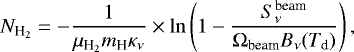Mathematical equation: \begin{equation*}N_{\textrm{H}_2} = -\frac{1}{\mu_{\textrm{H}_2} m_{\textrm{H}} \kappa_{\nu}} \times \ln \left(1 - \frac{S_{\nu}^{\textrm{beam}}}{\Omega_{\textrm{beam}} B_{\nu}(T_{\textrm{d}})} \right), \end{equation*}