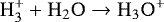Mathematical equation: \begin{equation*} \mathrm{H}_3^+ + \mathrm{H}_2\mathrm{O} \rightarrow \mathrm{H}_3\mathrm{O}^+ \end{equation*}