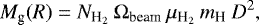 Mathematical equation: \begin{equation*}M_{\textrm{g}} (R) = N_{\textrm{H}_2} \: \Omega_{\textrm{beam}} \: \mu_{\textrm{H}_2} \: m_{\textrm{H}} \: D^2, \end{equation*}