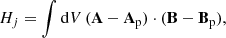 Mathematical equation: $$ \begin{aligned} H_j = \int \mathrm{d}V\,(\mathbf A -\mathbf A _{\rm p})\cdot (\mathbf B -\mathbf B _{\rm p}) , \end{aligned} $$