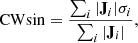 Mathematical equation: $$ \begin{aligned} \mathrm{CWsin} = \frac{\sum _{i}|\mathbf J _i|\sigma _i}{\sum _{i}|\mathbf J _i|} , \end{aligned} $$