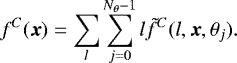 Mathematical equation: \begin{equation*} f^C(\boldsymbol{x}) = \sum_l \sum_{j=0}^{N_{\theta}-1} l \tilde{f}^C(l,\boldsymbol{x},\theta_j).\end{equation*}