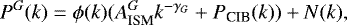 Mathematical equation: \begin{equation*} P^G(k) = \phi(k) ( A_{\textrm{ISM}}^G k^{-\gamma_G} + P_{\textrm{CIB}}(k) ) + N(k),\end{equation*}