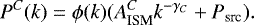 Mathematical equation: \begin{equation*} P^C(k) = \phi(k)( A_{\textrm{ISM}}^C k^{-\gamma_C} + P_{\textrm {src}}).\end{equation*}