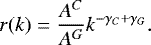 Mathematical equation: \begin{equation*} r(k) = \frac{A^C}{A^G} k^{-\gamma_C+\gamma_G}.\end{equation*}