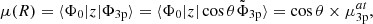 Mathematical equation: $$ \begin{aligned} \mu (R)=\langle \Phi _0|z|\Phi _{3\mathrm{p}}\rangle =\langle \Phi _0|z|\cos \theta \tilde{\Phi }_{3\mathrm{p}}\rangle =\cos \theta \times \mu ^{at}_{3\mathrm{p}} , \end{aligned} $$