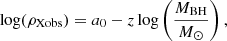 Mathematical equation: $$ \begin{aligned} \log (\rho _{\rm Xobs}) = a_0 - z \log \left({M_{\rm BH} \over M_{\odot }}\right), \end{aligned} $$