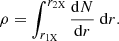 Mathematical equation: $$ \begin{aligned} \rho = \int ^{r_{\rm 2X}}_{r_{\rm 1X}} {\mathrm{d}N\over \mathrm{d}r}~\mathrm{d}r. \end{aligned} $$