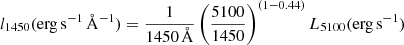 Mathematical equation: $$ \begin{aligned} l_{1450}(\mathrm{erg\,s}^{-1}\,\AA ^{-1})={1\over 1450\,\AA }\left({5100\over 1450}\right)^{(1-0.44)} L_{5100}(\mathrm{erg\,s}^{-1}) \end{aligned} $$