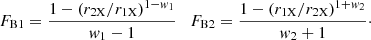 Mathematical equation: $$ \begin{aligned} F_{\rm B1}={ 1- (r_{\rm 2X} / r_{\rm 1X})^{1-w_1} \over w_1-1} \quad F_{\rm B2}={ 1- (r_{\rm 1X} / r_{\rm 2X})^{1+w_2} \over w_2+1}\cdot \end{aligned} $$