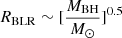 Mathematical equation: $ R_{\mathrm{BLR}} \sim [{M_{\mathrm{BH}} \over {M}_{\odot}}]^{0.5} $