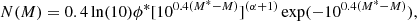 Mathematical equation: $$ \begin{aligned} N(M) = 0.4\ln (10)\phi ^*[10^{0.4(M^*-M)}]^{(\alpha +1)}\exp (-10^{0.4(M^*-M)}), \end{aligned} $$