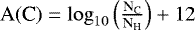 Mathematical equation: $\textrm{A}(\textrm{C})=\log_{10}\left(\frac{\textrm{N}_{\textrm{C}}}{\textrm{N}_{\textrm{H}}}\right)+12$