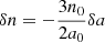Mathematical equation: $ \delta n=-\frac{3n_0}{2a_0}\delta a $