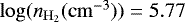 Mathematical equation: $\log (n_{\mathrm{H}_2}(\mathrm{cm}^{-3}))=5.77$