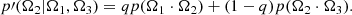 Mathematical equation: $$ \begin{aligned} p\prime (\mathbf \Omega _2|\mathbf \Omega _1, \mathbf \Omega _{3}) = q p(\mathbf \Omega _{1} \cdot \mathbf \Omega _{2})+ (1-q)p(\mathbf \Omega _{2} \cdot \mathbf \Omega _{3}). \end{aligned} $$