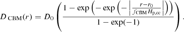 Mathematical equation: $$ \begin{aligned} D_{\text{ CBM}}(r) = D_0 \left(\frac{1- \exp \left(-\exp \left(-\left| \frac{r-r_0}{f_{\rm CBM}H_{\mathrm{p}, \mathrm{cc}}}\right| \right)\right)}{1-\exp (-1)} \right). \end{aligned} $$